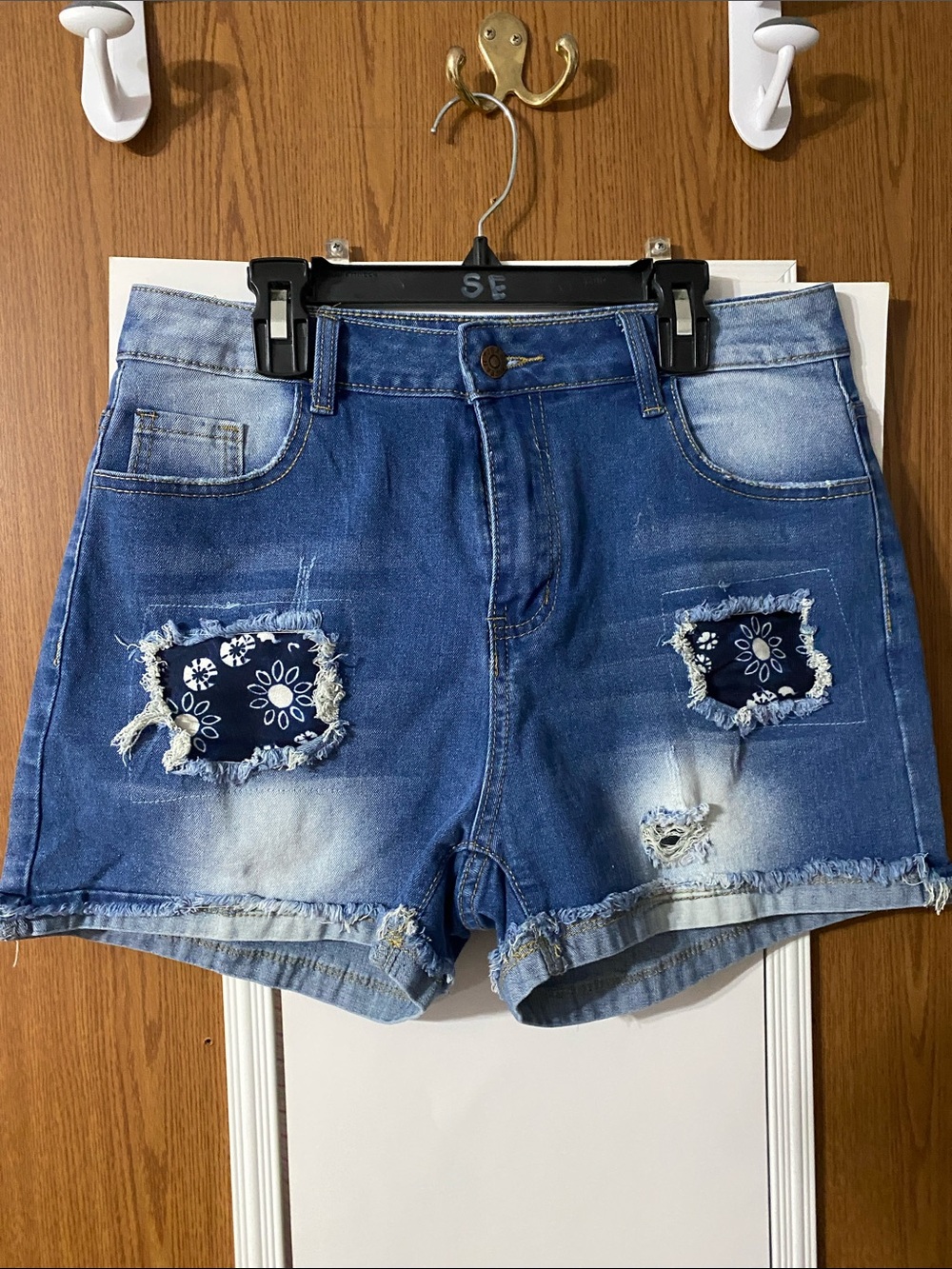 High-Rise Distressed Denim Shorts with Bandana Patch - Blue